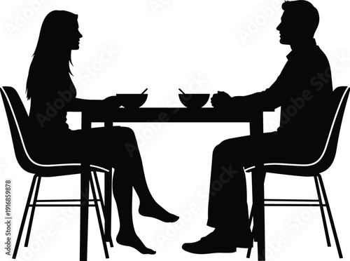 Couple dining silhouette vector, man and woman eating at restaurant table isolated on white for dating design, romantic dinner and food elements.