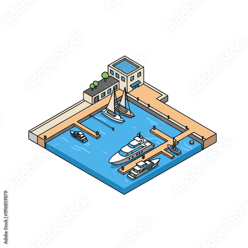 Isometric Marina with Boats and Buildings.
