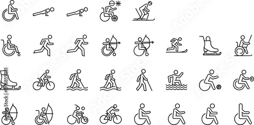 Large paralympic sports icon set featuring athletes in wheelchairs handcycles and adaptive equipment for inclusive fitness competition training and accessibility