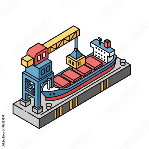 Isometric Illustration of Cargo Ship at Dock.
