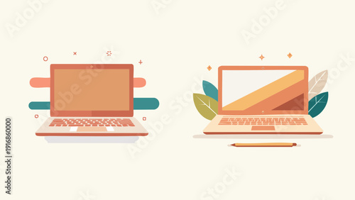 Modern Laptops with Stylized Backgrounds and Leafy Accents