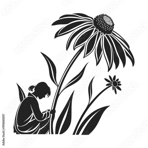 Detailed illustration of a person gardening beside a vibrant purple flower in a peaceful backyard setting