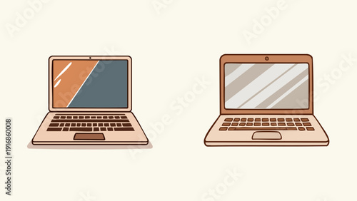 Set of minimalist laptop computer illustrations, depicting portable technology for everyday use, work, and communication with clean line art and earthy color palette