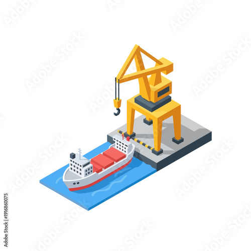 3D Isometric Crane and Cargo Ship Model.