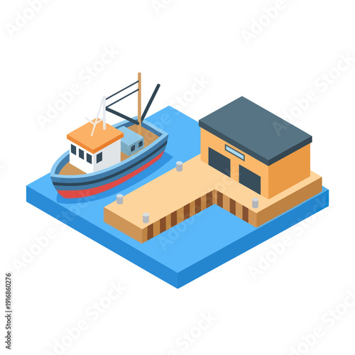 Isometric Illustration of Boat and Dock House.
