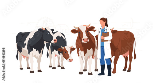 Female veterinarian with clipboard stands among diverse group of black, white, and brown cows on a farm.
