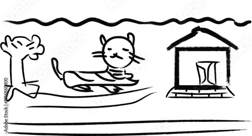 A cartoon cat sitting on a surfboard next to a doghouse and a palm tree