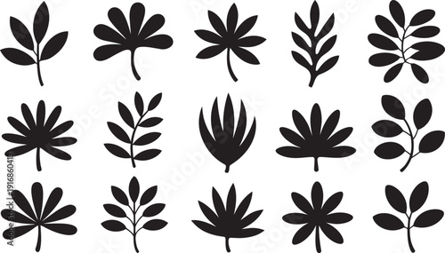 Botanical leaves silhouettes set with decorative plant foliage isolated on white EPS vector illustration pack.