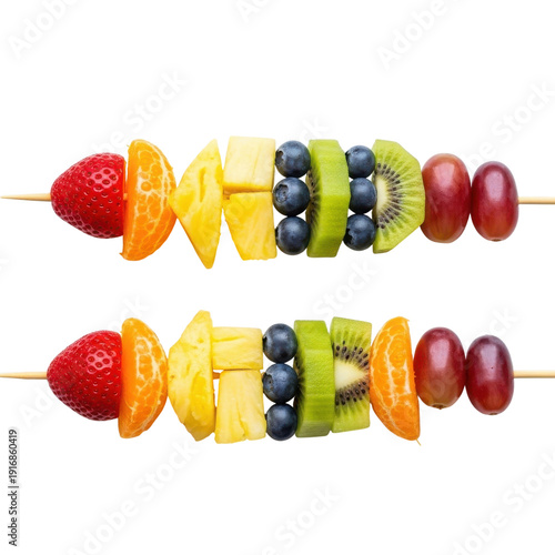 Colorful fruit and vegetable skewers isolated on transparent background