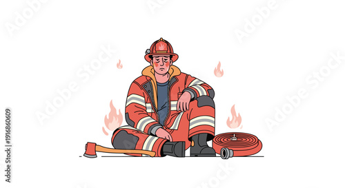 Tired male firefighter in gear sits on ground with axe and hose, with subtle fire symbols in background.