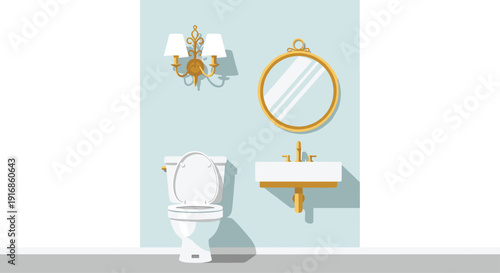 Contemporary bathroom has white open toilet, rectangular sink, round mirror, and gold sconce on light blue wall.