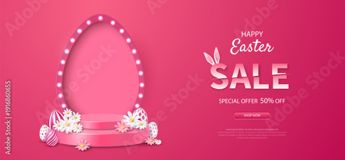 Easter holiday banner design with decorative eggs, podium and egg-shaped frame and flowers on a scarlet background. A holiday design template for a coupon, banner, or advertising poster. Vector EPS 10