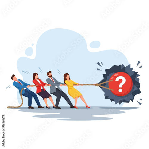 Team Pulling Rope with Question Mark.