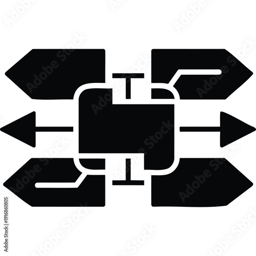Black and White Vector Icon of Data Distribution Hub with Multiple Arrows for Information Flow and Dissemination