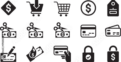 Shopping and payment icons set with cart credit card money and ecommerce symbols isolated EPS vector pack.