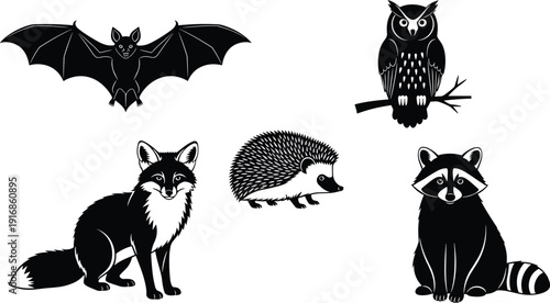 Forest animal silhouette vector set, black and white wildlife icons including fox, raccoon, owl, bat, and hedgehog isolated on white for nature design.