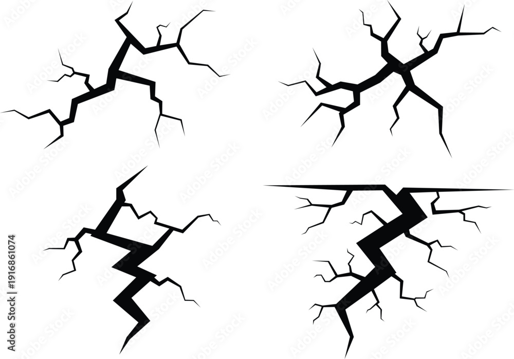 Obraz premium Four black jagged crack on white background cracks broken