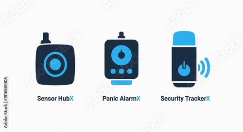 Smart security device icon set featuring sensor hub, emergency panic alarm, and wireless security tracker for home safety and monitoring