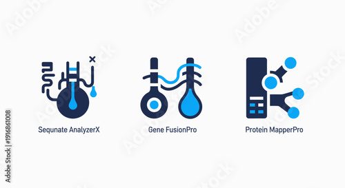 Biotechnology research and laboratory analysis icons for sequence analyzer, gene fusion, and protein mapping in medical science