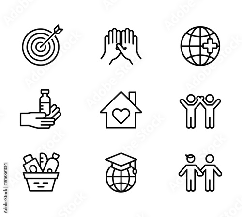 Vector icons representing goals, health, wellness, home, and community relationships