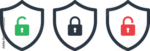 Three shield with different colored locks green unlocked dark blue locked red locked security