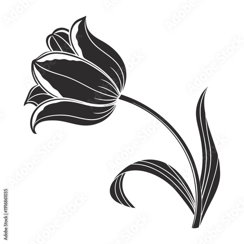 Elegant black and white tulip illustration with smooth curves and refined botanical aesthetics