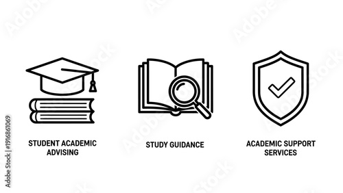 Academic support and education services icons for student advising, study guidance, and institutional learning resources