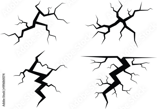 Four black jagged crack on white background cracks broken