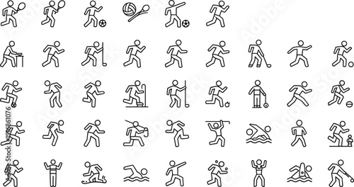 Large sports icon set featuring athletes playing tennis soccer golf swimming and track for fitness competition training and active lifestyle designs