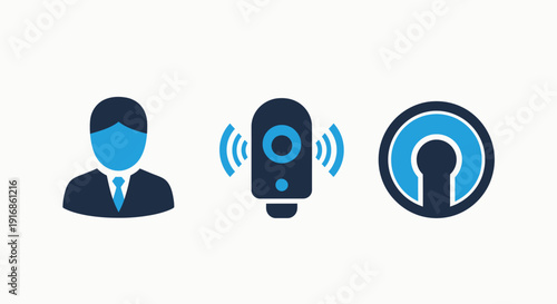 Modern User, Audio, and Security Icons: Blue and Black Symbols Representing Voice Control, Access, and Digital Interaction.