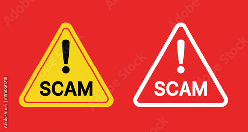 Yellow and white triangular warning signs with exclamation marks and the word SCAM