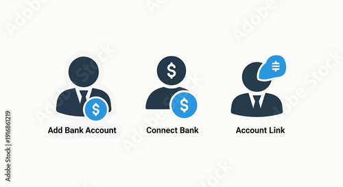 Modern Blue and Black Banking Account Management Icons: Add, Connect, and Link Financial Services for Digital Users.