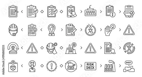A collection of line icons depicting various business and risk management concepts on a white background