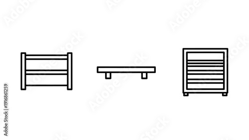 Minimalist Line Art Storage and Shelf Icons: Representing Various Shelving Units, Cabinets, and Organization Solutions.