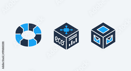 Business Data Analytics and Management Icons: Segmented Circle Chart, Eco-Metrics Cube, and Checkmark Cube for Reporting, Sustainability, and Task Tracking.