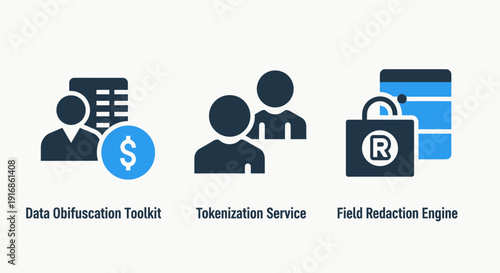 Data Privacy and Information Redaction Security Icons for Tokenization Services, Obfuscation Toolkits, and Secure Data Field Protection Systems