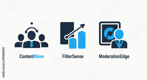 Content Moderation and Analytics Platform Icons featuring User Management, Data Filtering, and Automated Content Governance Solutions for Digital Platforms