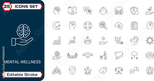 35 Minimal Outline Mental Health & Counseling UI Icons. Editable Stroke EPS Vector for App, Web Dashboard & Interface Design.