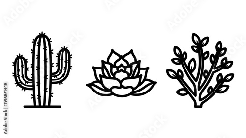 Minimalist desert plant line icons set featuring a prickly pear cactus a decorative succulent and a leafy desert shrub for nature and gardening theme graphic design.