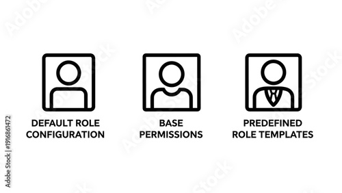 Administrative user role and permission management icons for software development including default role configuration base permissions and predefined role templates in linear style.