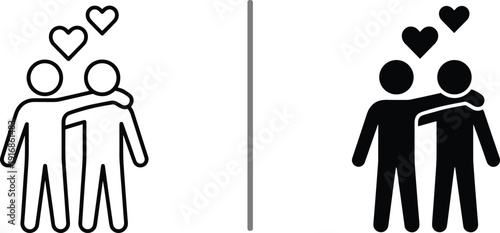 Minimalist couple icons with hearts showing friendship and love in outline and solid styles for romantic relationship and partnership designs
