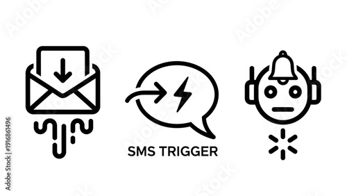 Message automation and notification icons including a flying envelope with arrow for incoming mail SMS trigger lightning bolt and an AI bot with a notification bell symbol.