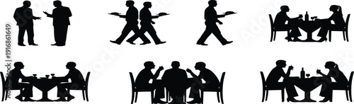 Restaurant service silhouette vector set, waiters serving food and couples dining at tables isolated on white background for catering menu graphic design.