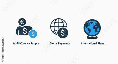 International business and global payment icons featuring multi-currency support and world finance