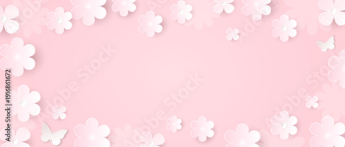 Floral background for spring and summer designs. A banner with white flowers on a pink background. Vector illustration.
