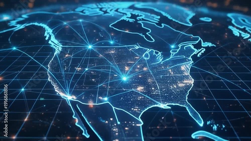Global Digital Network Connecting North America with Glowing Lines and City Lights global network digital connection