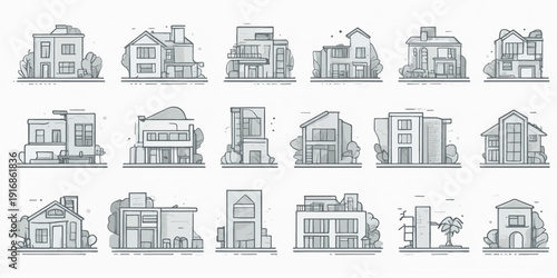 Hand drawn architectural vector set featuring city landmarks, urban house sketches, and real estate building icons in a black silhouette art style for construction and home design element