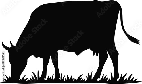 Black cow silhouette grazing on grass, farm livestock vector illustration, rural agriculture animal icon, isolated nature graphic design,