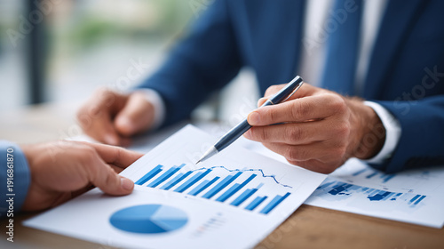 Two individuals analyzing financial charts and graphs during a business meeting.
