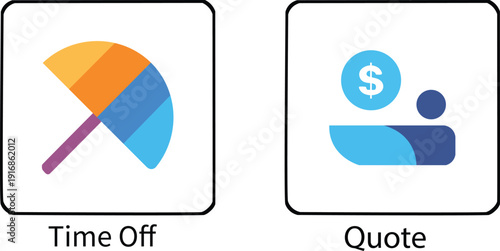 HR and Business Service Icon Set – Minimalist "Time Off" Umbrella and "Quote" Financial Symbols for Corporate Management and Employee Portals